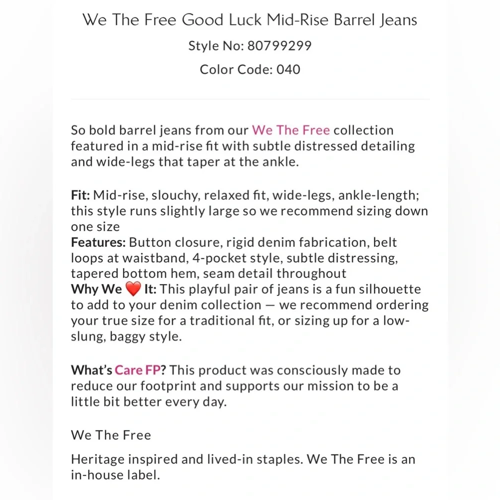 Free People We The Free Good Luck Mid-Rise Barrel Jeans 🦋 Size 24 🦋 Like New - Picture 6 of 7